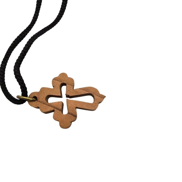 Religious Faith Jewelry Necklace Wooden Cross Charm Black Corded Rugged Ornate - Picture 2 of 4